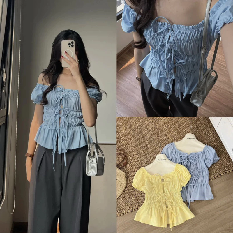 Áo Trễ Vai Croptop Cộc Tay Bo Chun BUNNY TOP Cột Dây Nơ Mặc Được 2 Kiểu siêu xinh BUN222