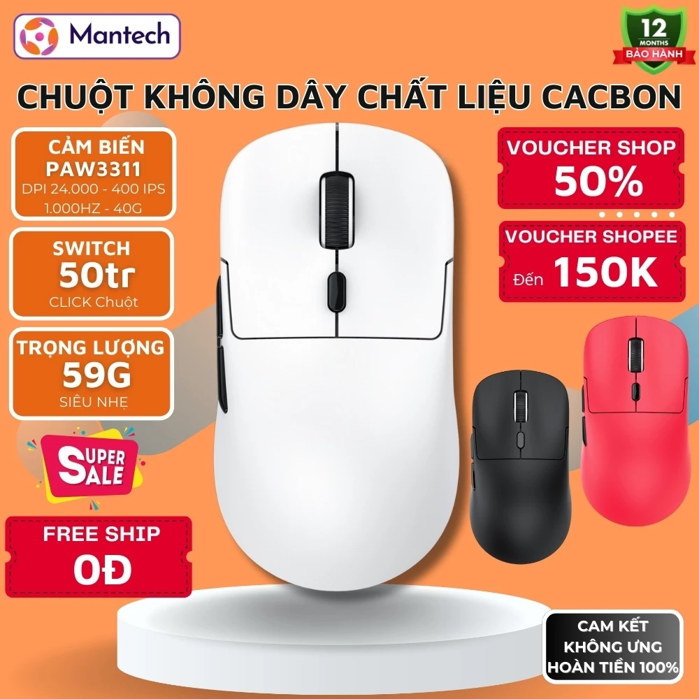 Chuột Gaming Không Dây FREE WOLF A6 Hiệu Năng Cao, Cảm Biến PAW3311,24.000DPI, 1.000HZ, App Macro