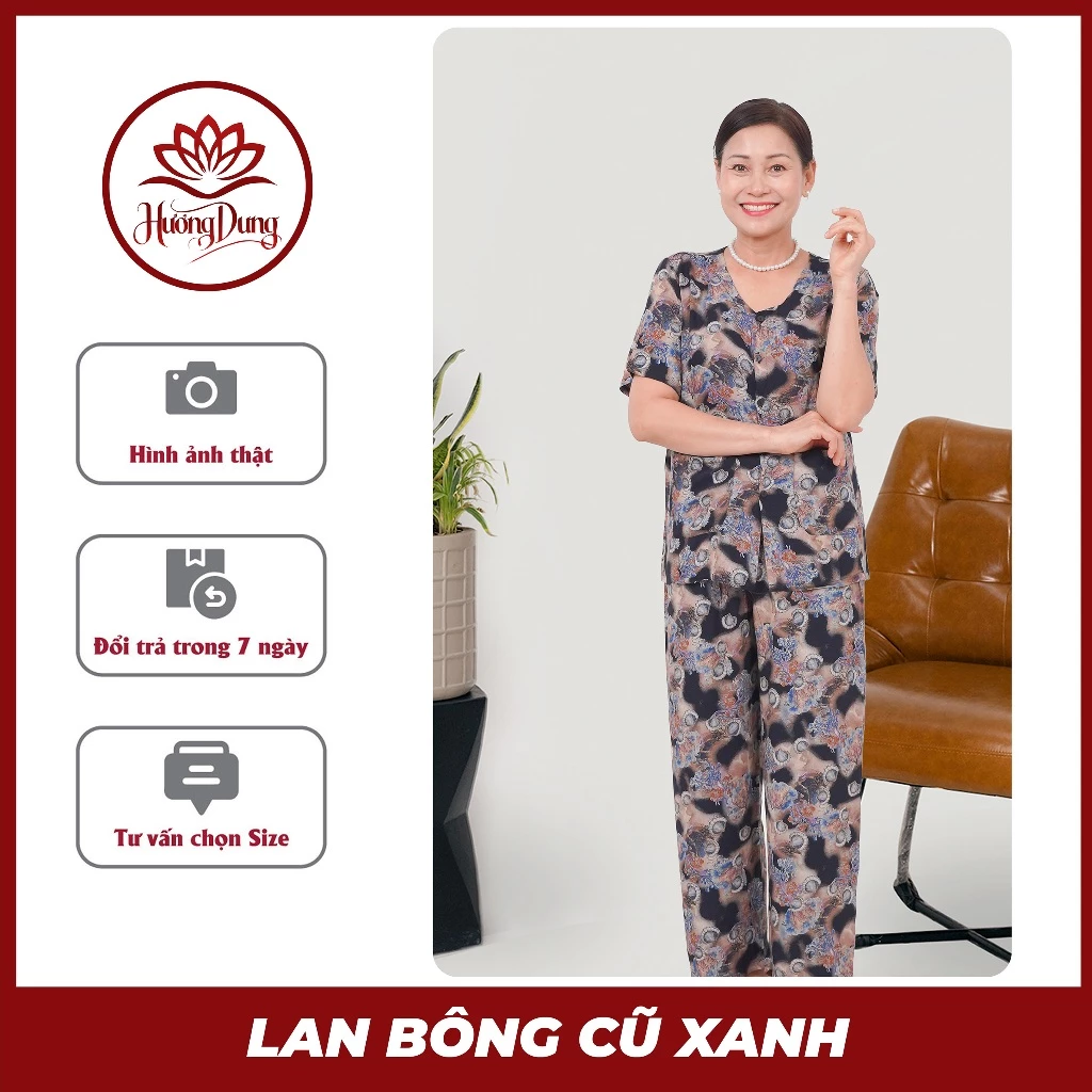 Đồ Bộ Nữ Mặc Nhà Trung Niên Lanh Bông Hè 2025 Thiều Thoa Hoạ Tiết Màu, Tay Cánh Tiên, Quần Dài Top