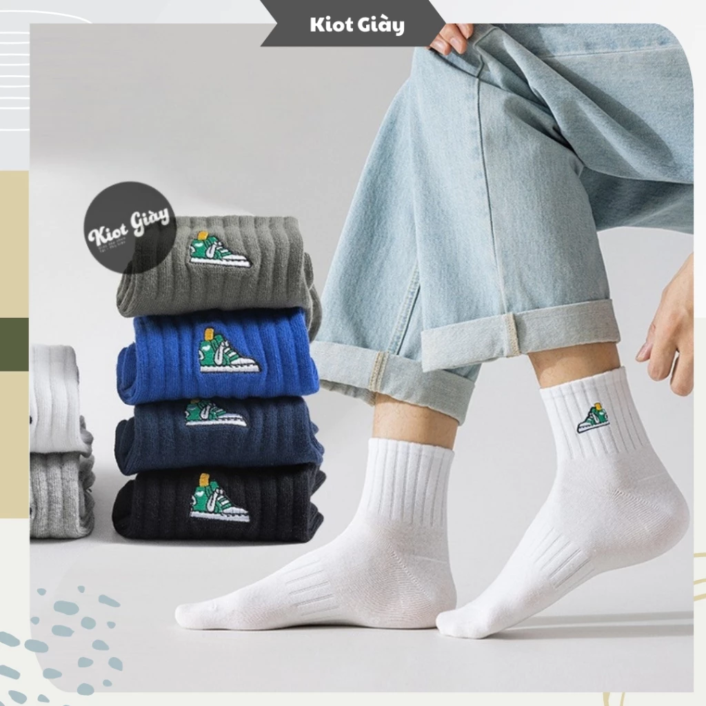 Tất vớ cổ trung hoạ tiết thêu hình giày thể thao cho nam nữ - Chất liệu cao cấp nhiều màu sắc