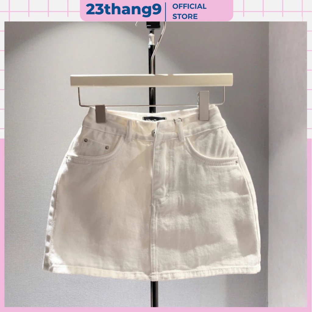 Chân váy jean chữ A lưng cao màu trắng màu kem form ngắn kèm quần trong cùng chất vải Demin cotton dày mịn 72