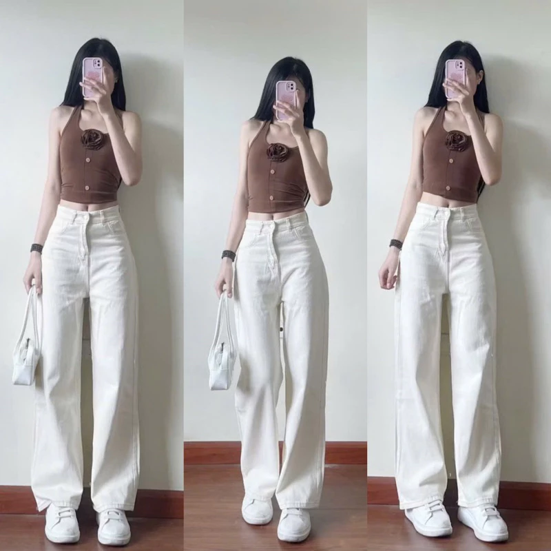 Quần Jeans Nữ Màu Trắng Dáng Basic Bản Cạp Cao Hách Dáng, Quần Bò