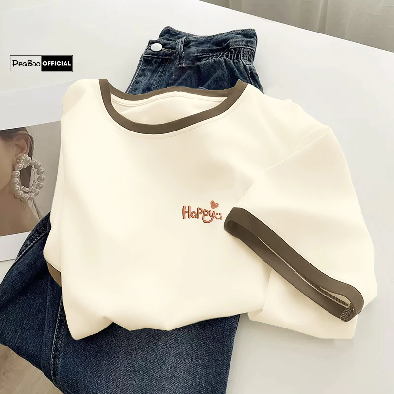 Áo Thun Bo Viền THÊU, Áo Thun THÊU Unisex By PEABOO Mã BST Me Chất Cotton Mềm Mát Form Rộng Unisex