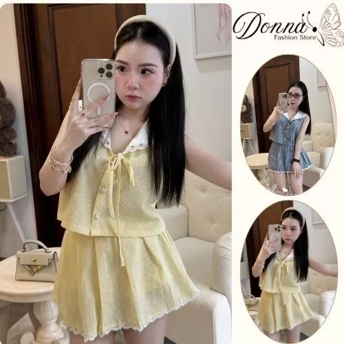 set đồ nữ, đồ bộ nữ Hàn Quốc siêu xinh áo cổ sen cúc ngọc sát nách kèm chấn váy Donna hcom26065