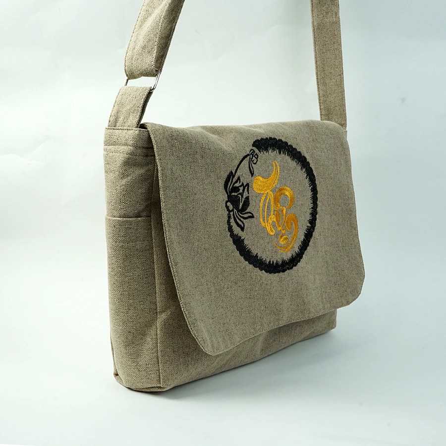 Túi vải đi chùa đeo chéo có nắp thêu chữ "Thiện" 29x23cm