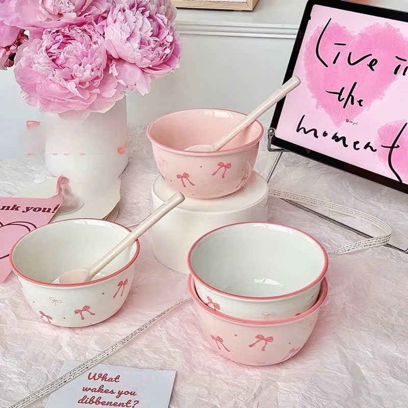 Bộ 2 Bát Sứ Kèm 2 Thìa Hình Nơ Xanh, Quả Cam, Quả Đào, Hình Nơ Xinh Bát Ăn Dặm Cho Bé Đáng Yêu