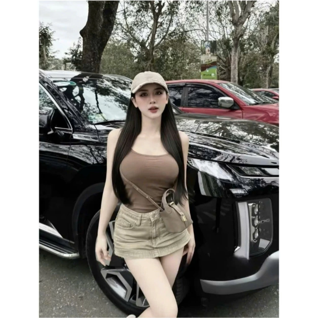Chân váy jeans nữ khoá kéo màu be có quần lót trong hàng chuẩn QC kèm đai