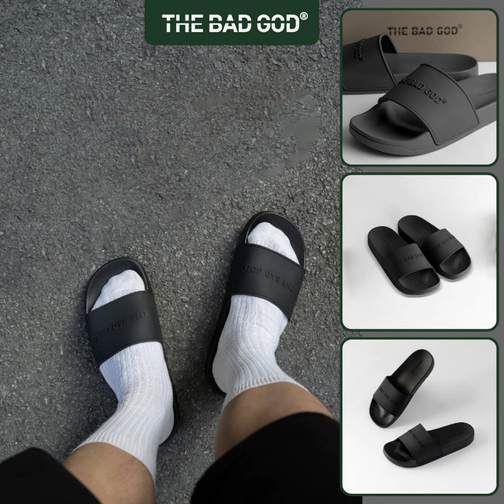 The Bad God Dép Quai Ngang Slipper Basic Chữ Đen X01 Full Black DéP Đế Bằng Nam Cao Su & PVC Tổng Hợp Size 38-43