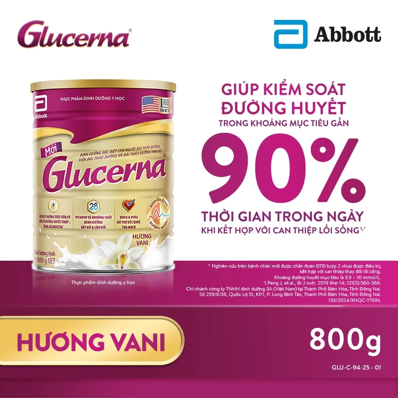 Sữa bột Glucerna hương vani 800g dành cho người bị tiểu đường