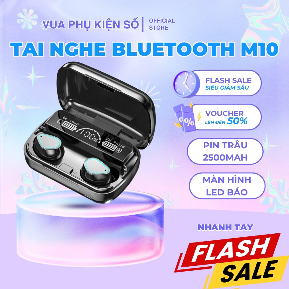 Tai nghe bluetooth M10 pin trâu 2500mAh tai nghe không dây giá rẻ âm thanh siêu hay có màn hình LED
