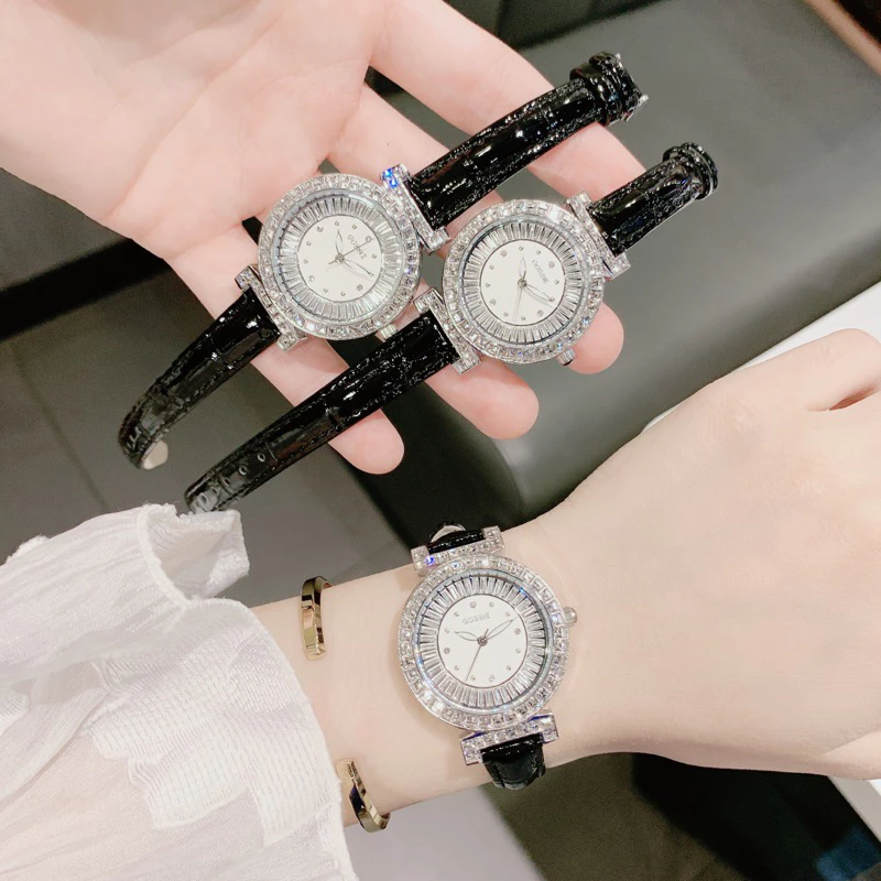 Đồng Hồ Nữ Gossie Chính Hãng RO Da Đen Viền Đá Ống Ruby Cao Cấp