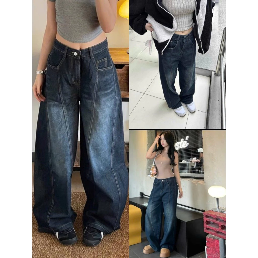 Quần Bò Jeans Nữ Ống Rộng, Quần Bò Denim Suông Ống Rộng Trơn Phối Viền Bản Cạp Cao Siêu Hách Dáng Cực Đỉnh