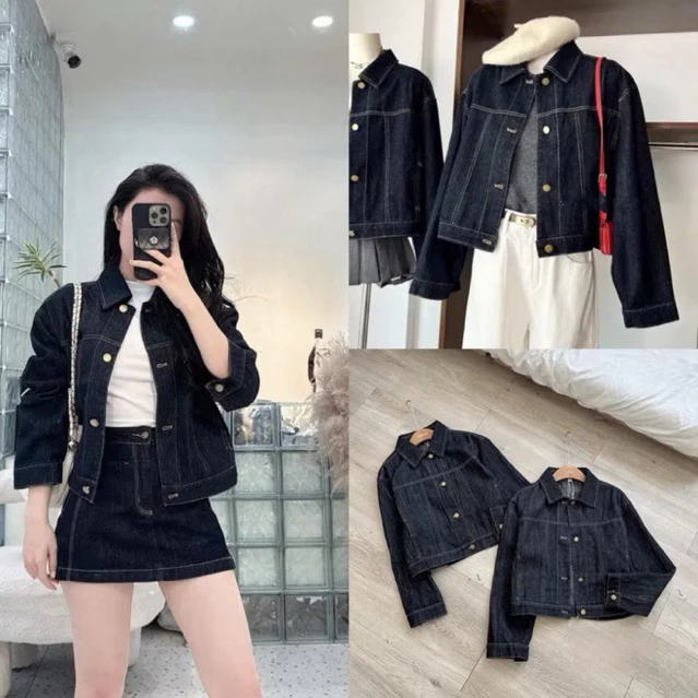 Áo khoác jeans nữ màu xanh than trơn may chỉ nổi dáng lửng thiết kế trẻ trung cho nữ