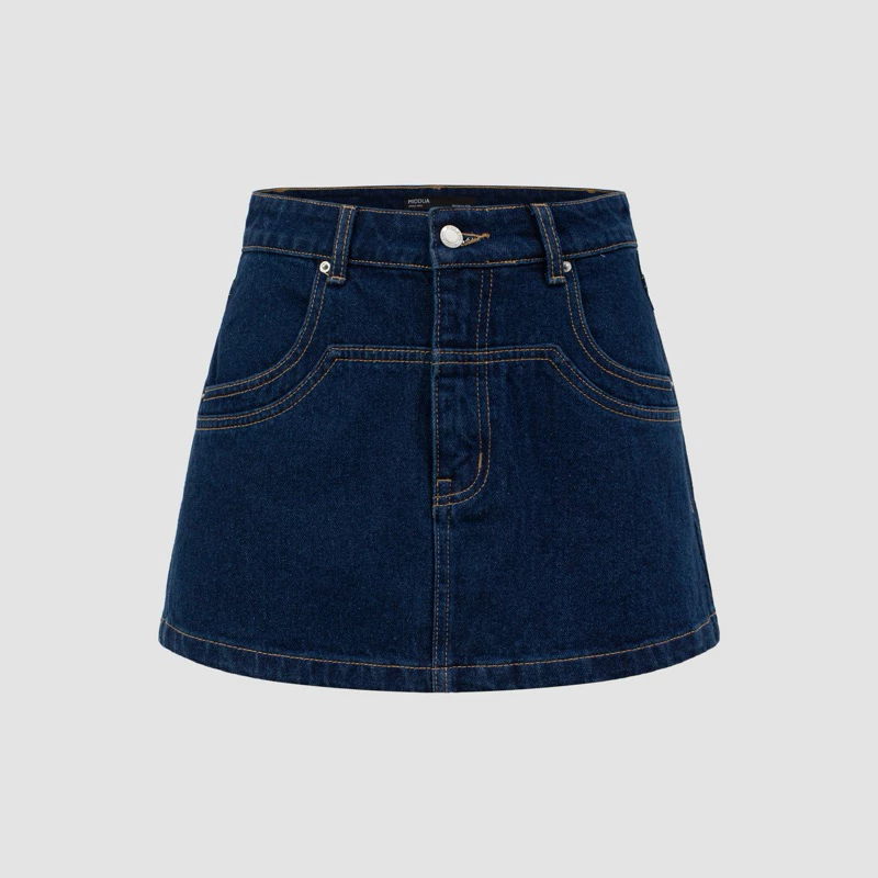MIDDUA - VJ053 váy denim chữ A may viền, túi sau may gập kiểu