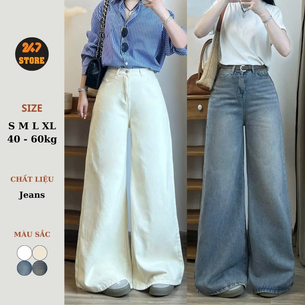 Quần jeans nữ xếp ly trước ống suông rộng Quần bò ống loe rộng 37cm chất mềm (1m6 nhận đơn)