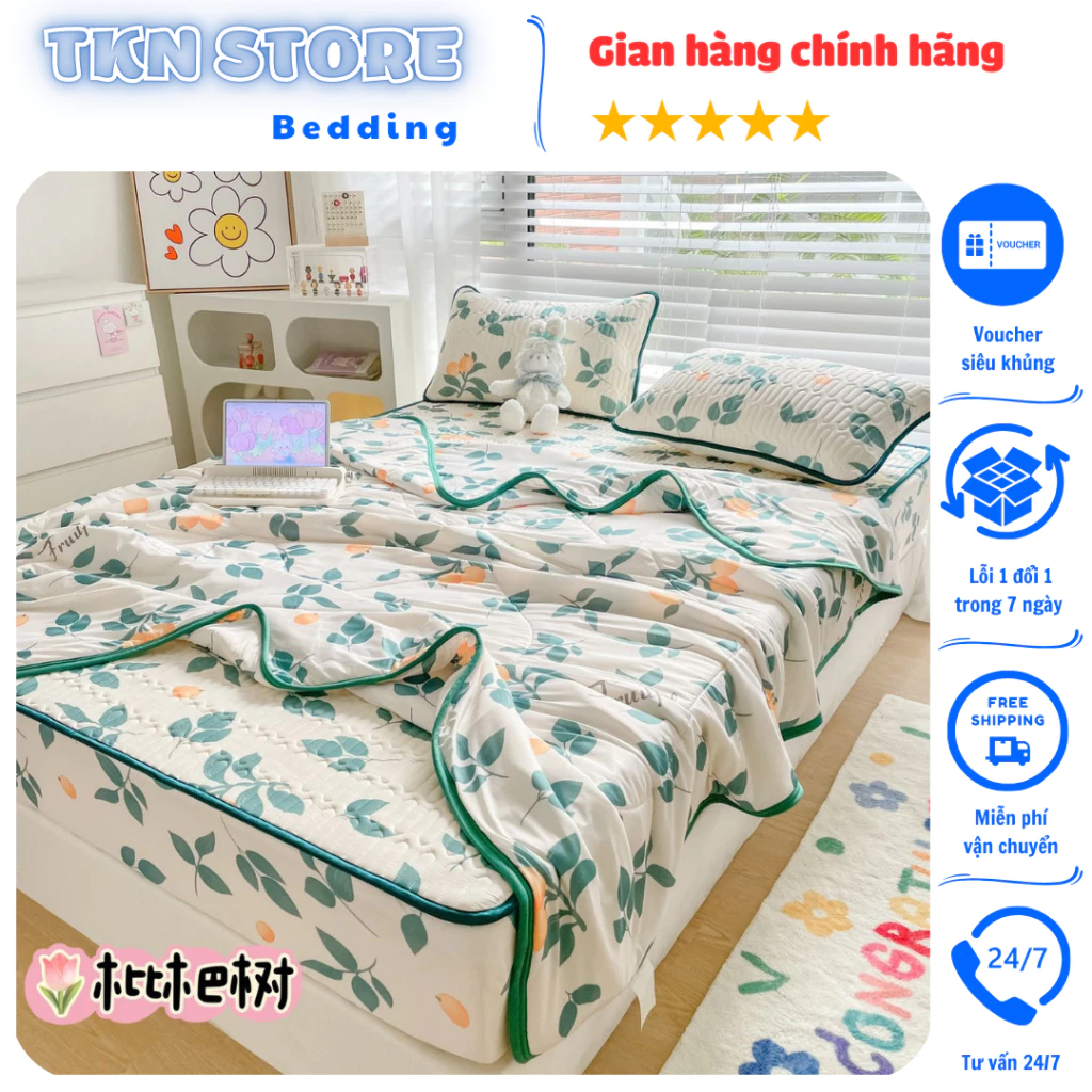 Bộ chiếu điều hoà cùng chăn thun lạnh chất siêu mềm mượt mát lạnh cao cấp, Bộ 4 món chiếu cao su bọc đệm sử dụng 4 mùa