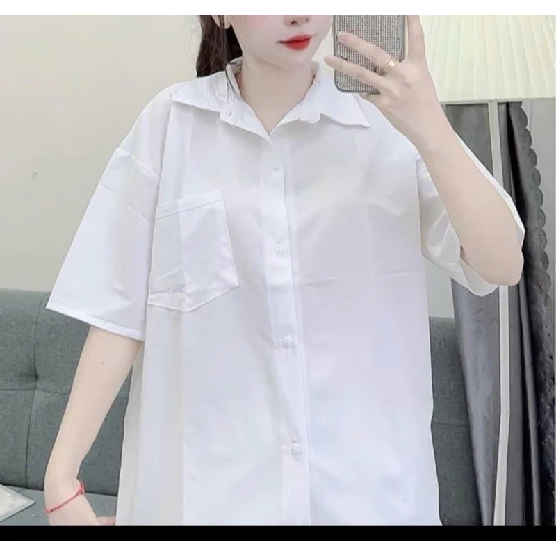 Áo  sơ mi trắng nữ  tay lỡ from rộng  có túi 40-65 kg