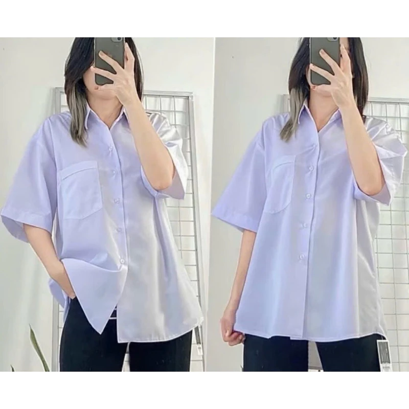 Áo sơ mi trắng nữ tay lỡ có túi from rộng