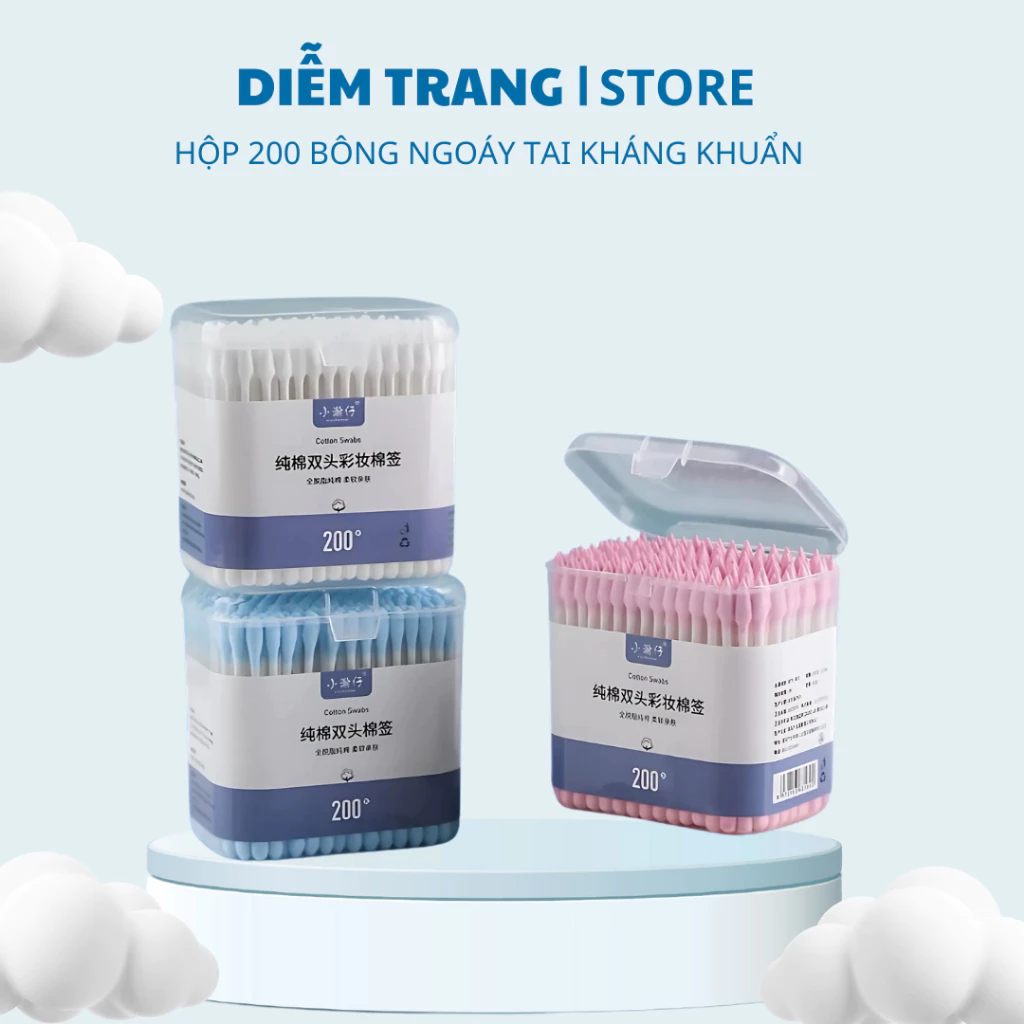 Hộp 200 tăm bông ngoáy tai, bông tăm hai đầu, tăm bông cho bé sơ sinh dùng một lần ( Hàng Đẹp )