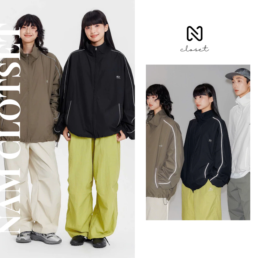 Áo khoác gió cổ trụ Nấm Closet unisex form rộng phối line thời trang Hàn Quốc basic cá tính NAMAKA12