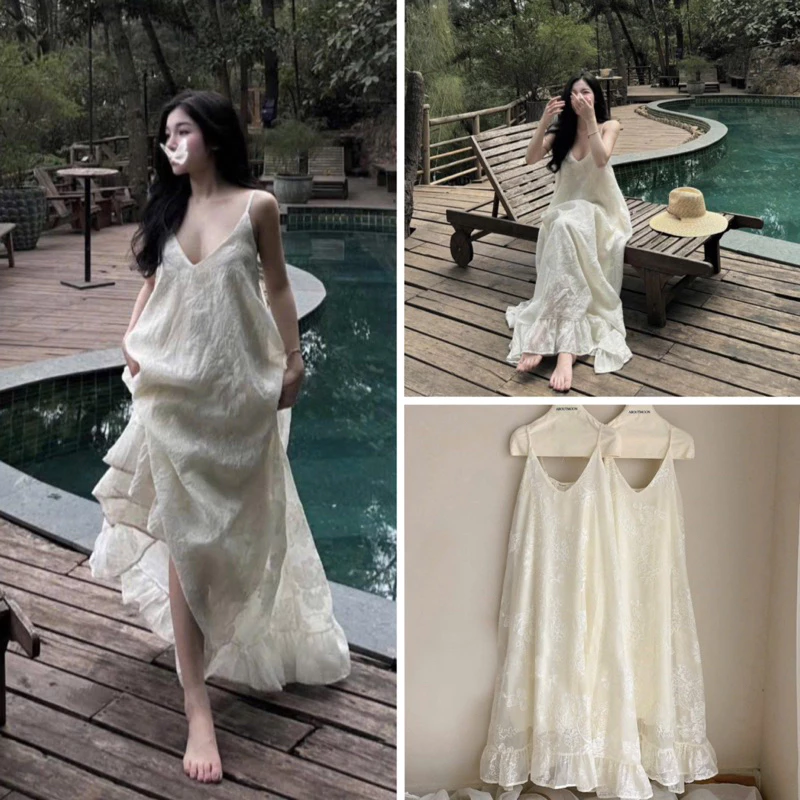 [SẴN LOẠI 1] Đầm váy ren thêu hoa 2 dây maxi cổ V đi biển sang chảnh dành cho nữ HANI DRESS 2092