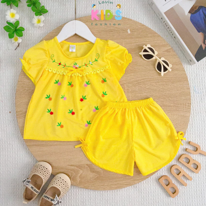 Đồ bộ bé gái thun lạnh tay ngắn thêu hoa Lavin Kids 6-22kg siêu mát, co giãn 4 chiều, hàng loại 1