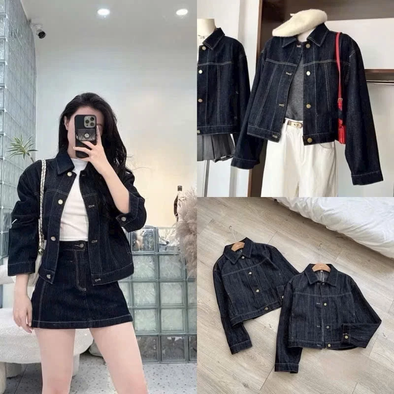 Áo Khoác Jeans Nữ Phối Viền Chỉ Nồi Màu Xanh Than Dáng Lỡ Form Rộng Phong Cách Cá Tính