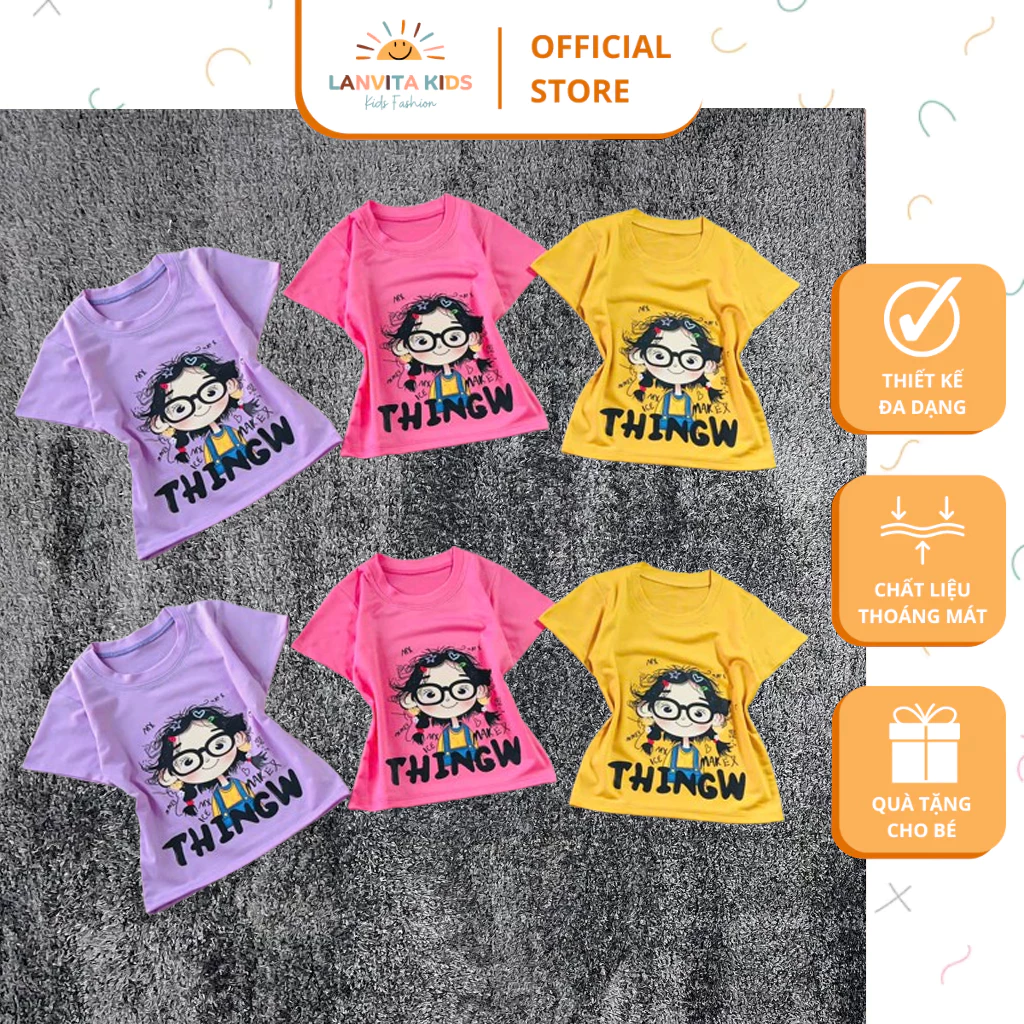 Áo Thun Bé Gái Cotton Mềm Mịn In Hình Cô Bé ThingW Siêu Dễ Thương, Áo Cộc Tay Mùa Hè Cho Bé Từ 10–30kg