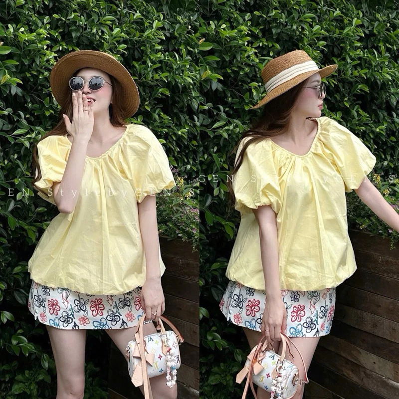 Set áo babydoll vàng tay bồng chất thô mix chân váy hoa nhẹ nhàng, màu sắc tôn da siêu xinh