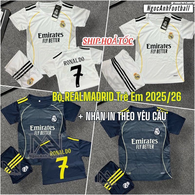 [ TRẺ EM ] Bộ Quần Áo Bóng Đá Trẻ Em CLB Real Madrid In Cr7, Bộ Ronaldo cho bé