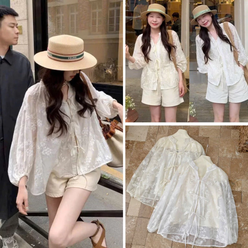 [ Hàng QC] Áo sơ mi voan ren thêu hoa cổ Tàu thắt nơ (tặng kèm áo hai dây) siêu xinh A3008