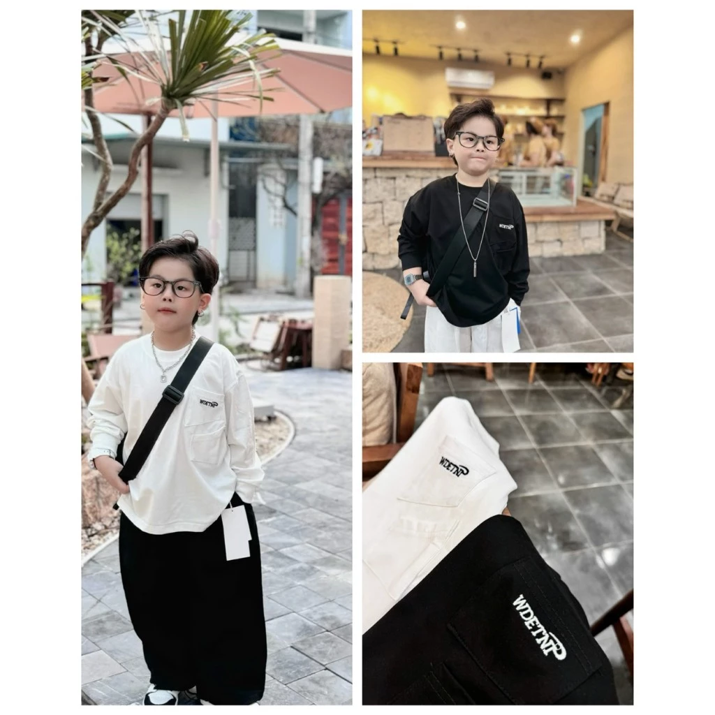 Quần Áo Bé Trai,Áo Thun Dài Tay Mùa Thu Đông Cho Bé Phong Cách Basic Hai Màu Đen Trắng Size 20-34kg B0022