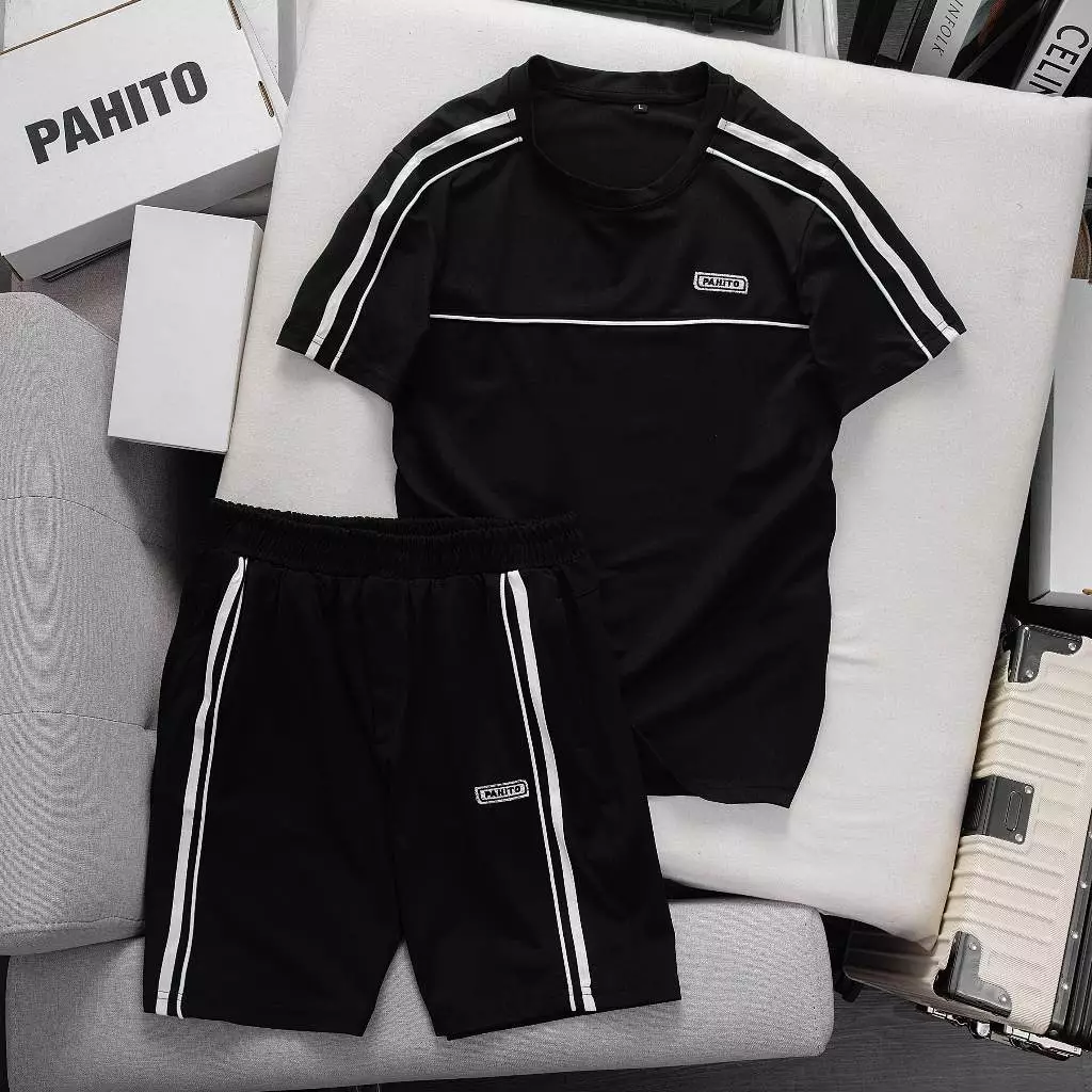 BH26 Bộ Đồ Nam Mùa Hè Phối Viền Thêu Chữ PAHTIO Chất Cotton Cá Sấu Thông Hơi