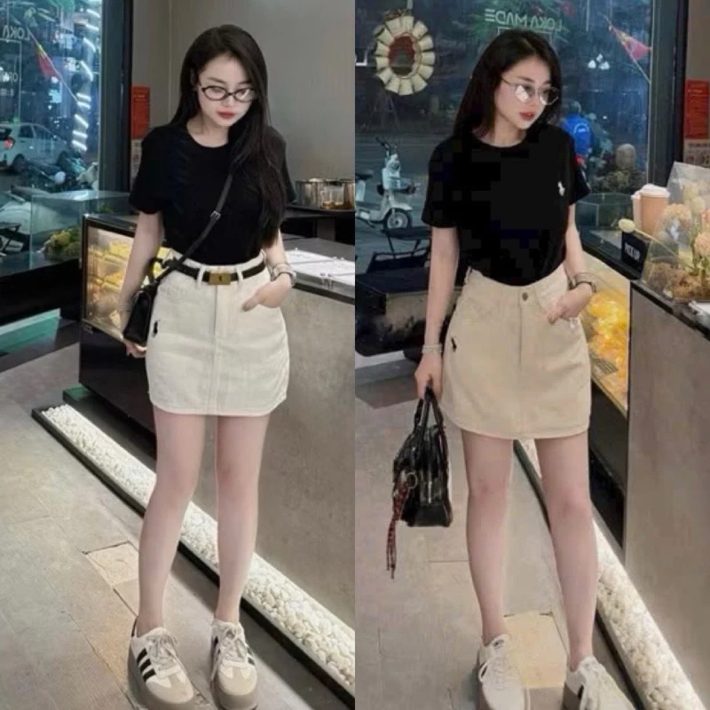 Chân váy jeans thêu túi trước có quần trong lưng cao chất bò cao cấp 2 màu hot phom chữ a tôn dáng