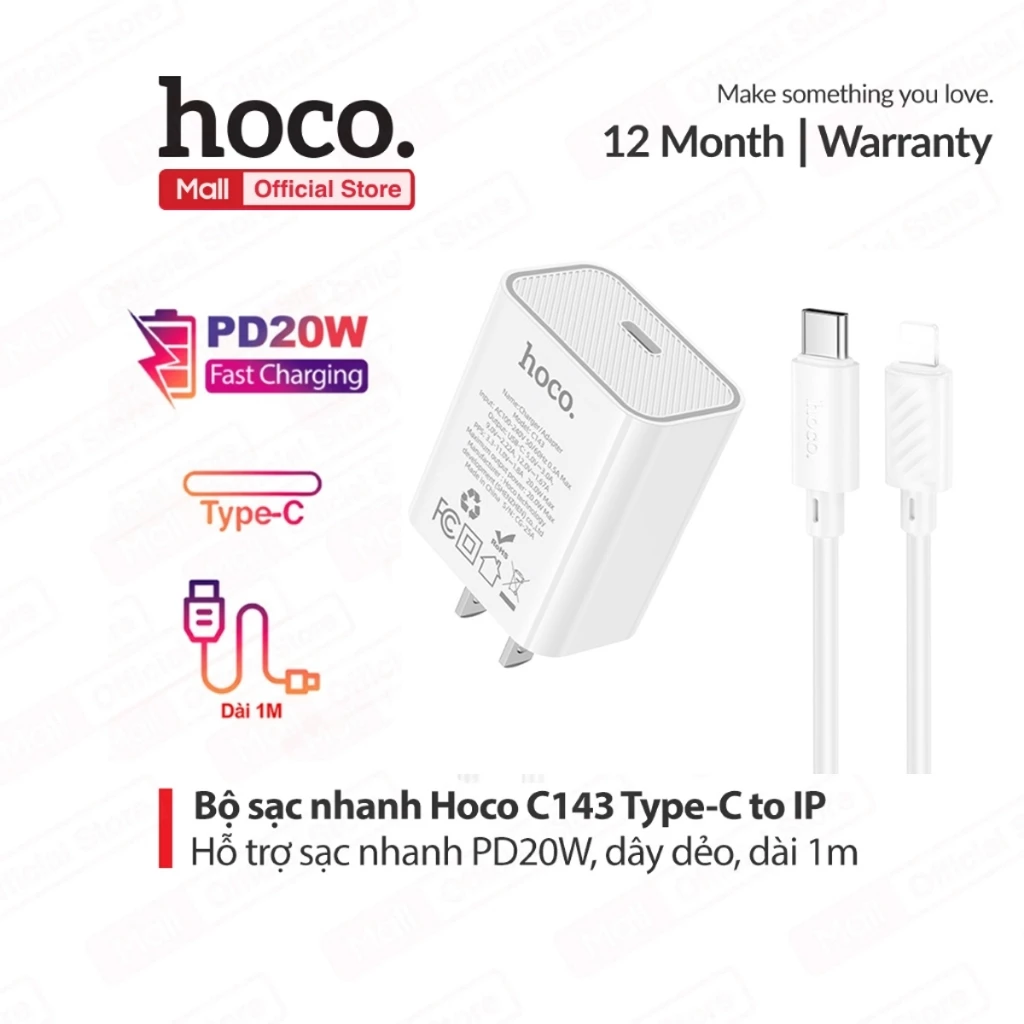 Bộ Sạc Nhanh Hoco C143 PD20W Type-C to IP Hỗ Trợ PD20W, Siêu Bền dài 1m , chân dẹt