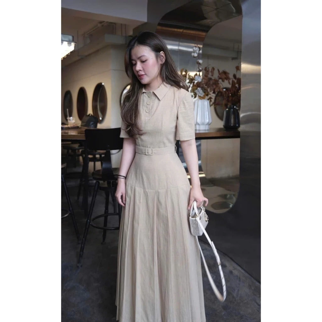 Váy Nữ Cổ Sơ Mi Cúc Cài Thanh Lịch Phối Dây Thắt Eo Midi Dáng Xoè Tone Màu Basic Tiểu Thư Sang Trọng