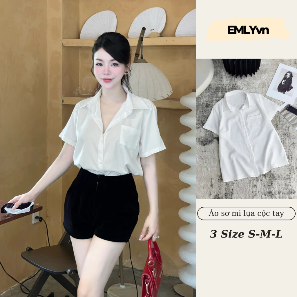 EMLY -  Áo Sơ Mi Nữ Cộc Tay Lụa Trắng HIỀN HỒ , Áo Sơ Mi Trắng Trơn Cộc Tay Có Túi (KHÔNG BỊ NHĂN )