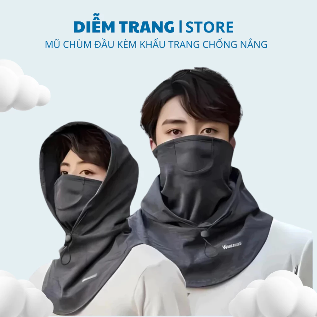 Mũ Trùm Đầu Kèm Khẩu Trang Nam Nữ - Nón Che Nắng Chống Tia UV Có Dây Rút ( Hàng Đẹp )