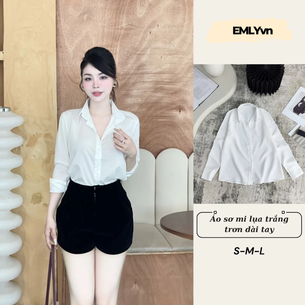 EMLY - Áo Sơ Mi Nữ Lụa Trắng Trơn Dài Tay, Áo Sơ Mi Công Sở Sơ Mi Dài Tay Nữ ( KHÔNG BỊ NHĂN )
