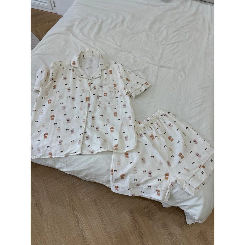 [SẴN] 794_ Bộ ngủ pijama dáng cổ V ngắn tay họa tiết gấu dễ thương Hàn Quốc | Hàng QCCC | 9scat