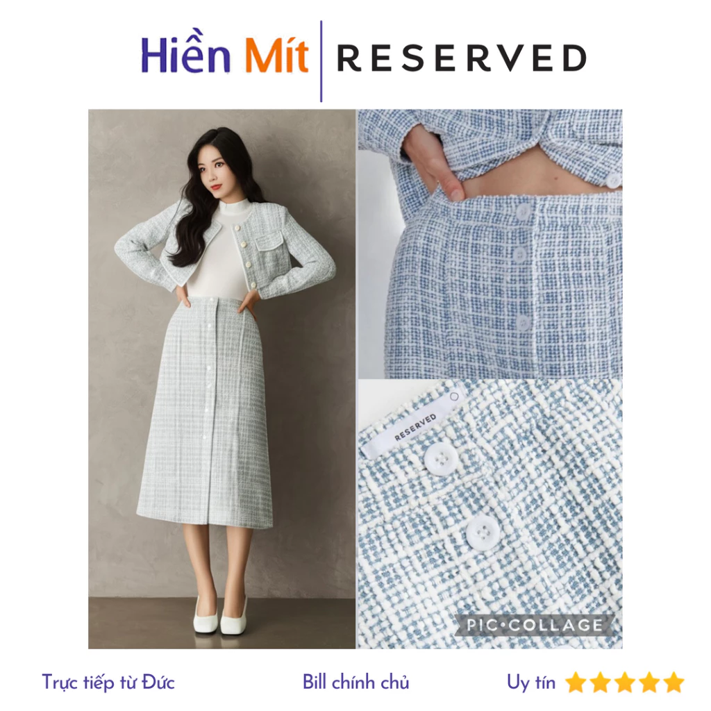 (size34)Reserved Đức - Chân váy chính hãng auth new tag cao cấp có sẵn sale 2537I-05X tweed dạ xanh trắng cài nút midi