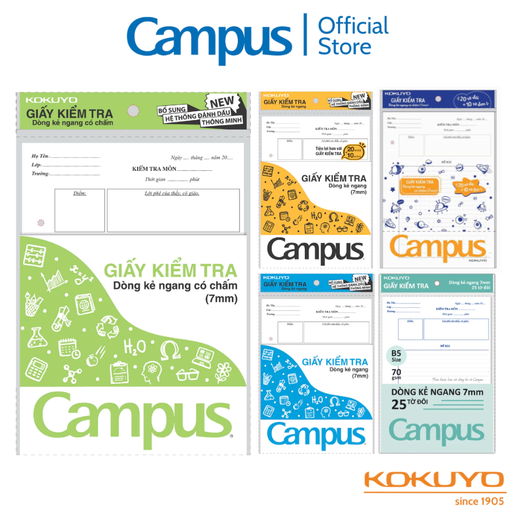 Giấy Kiểm Tra Học Sinh Cấp 2 3 Khổ B5 MIỀN BẮC dòng Kẻ Ngang Có Chấm / Kẻ Ngang đóng túi Campus