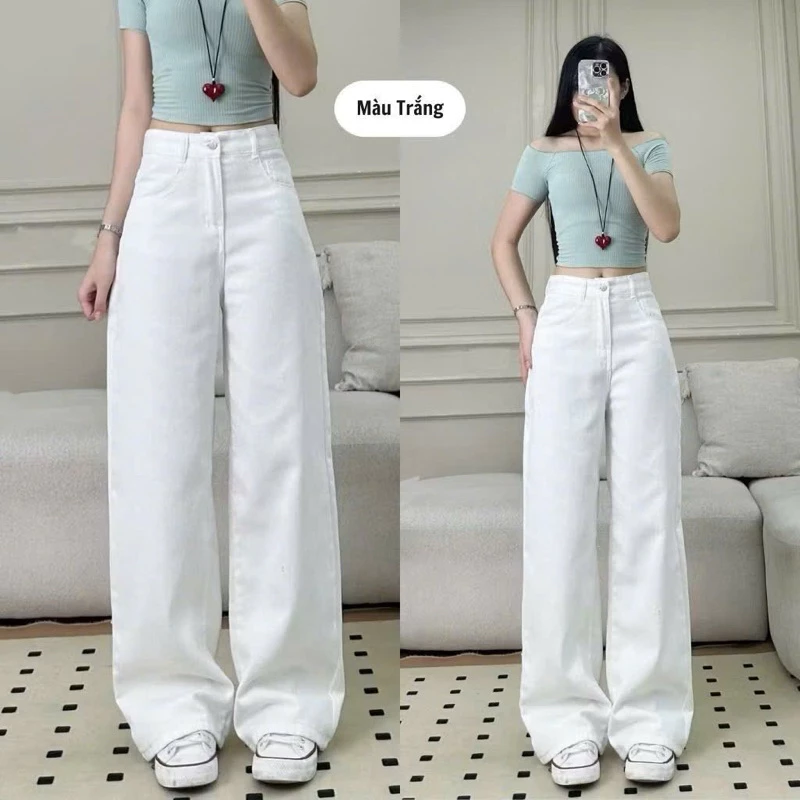 Quần bò suông trắng cạp cao chất jeans dày dặn màu sắc trẻ trung năng động