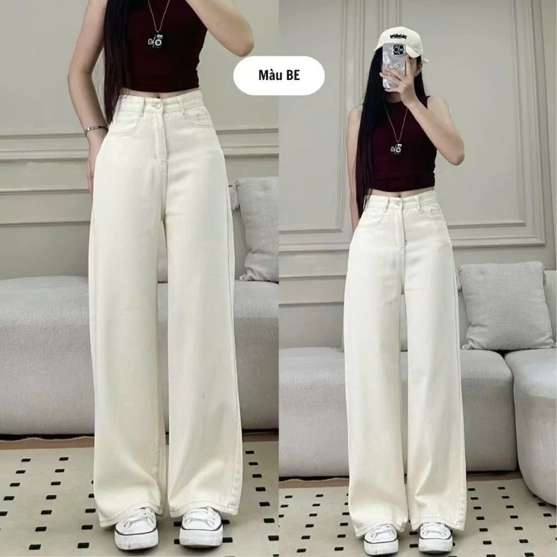 Quần jeans suông màu be sữa cạp cao tôn dáng chất liệu bò mềm cao cấp