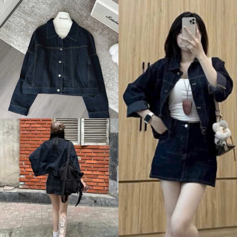 Áo khoác denim xanh than chỉ nổi dáng lửng thời trang basic dễ mặc