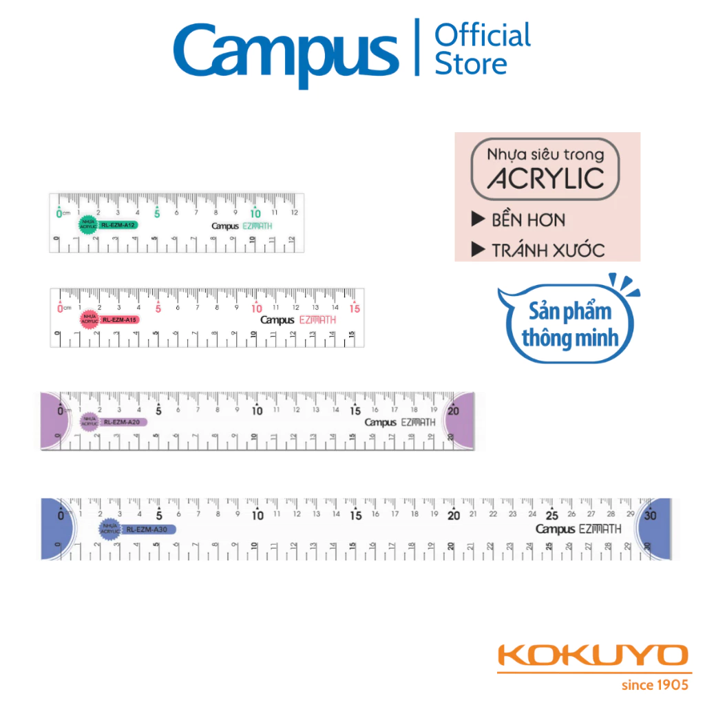 Thước Kẻ Acrylic Siêu Bền Tránh Xước EZMath Nhiều Mẫu 12/15/20/30cm Chính Hãng Campus