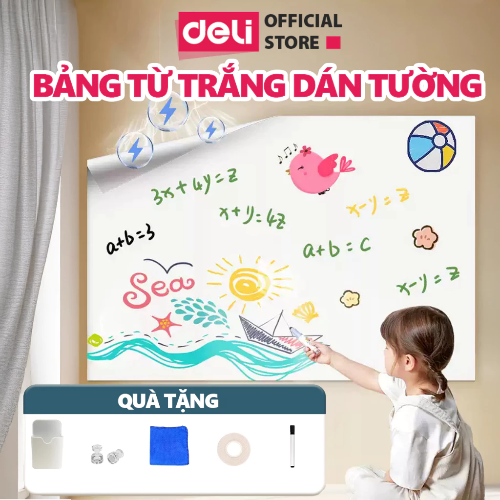 [Tặng Phụ Kiện] Bảng Từ Trắng Dán Tường DELI Bảng Từ Trắng Nhiều Kích Thước - Viết Bút Lông