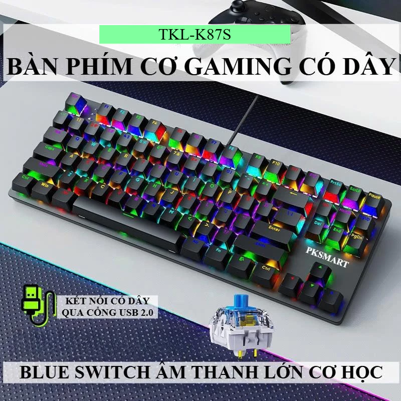 Bàn phím cơ có dây K87s-led RGB 8 màu & 15 hiệu ứng BLUE/RED SWITCH anti gosting full phím cho máy tính lap top