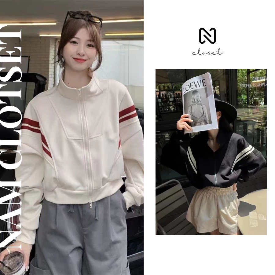 Áo khoác nữ croptop Nấm Closet chất umi mềm mịn mát logo thêu 2 sọc tay phong cách cá tính NAMAKA19
