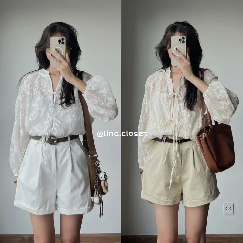 (Kèm áo 2 dây) Áo Sơ Mi Voan Thêu Ren Hoa Dài Tay Cổ Tàu Tay Bồng Cột Nơ Siêu Xinh
